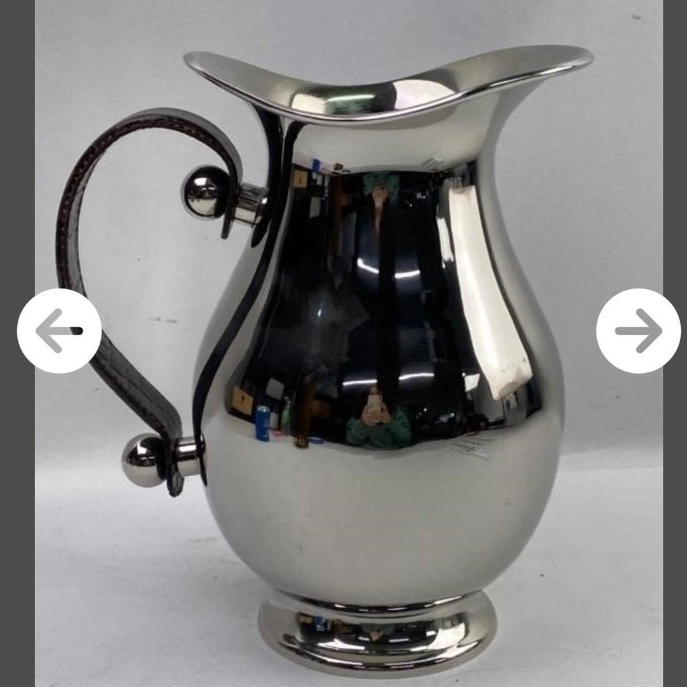 Polished Stainless Steel Pitcher Brown Faux Crocodile Leather Wrapped Handle - Picture 5 of 8